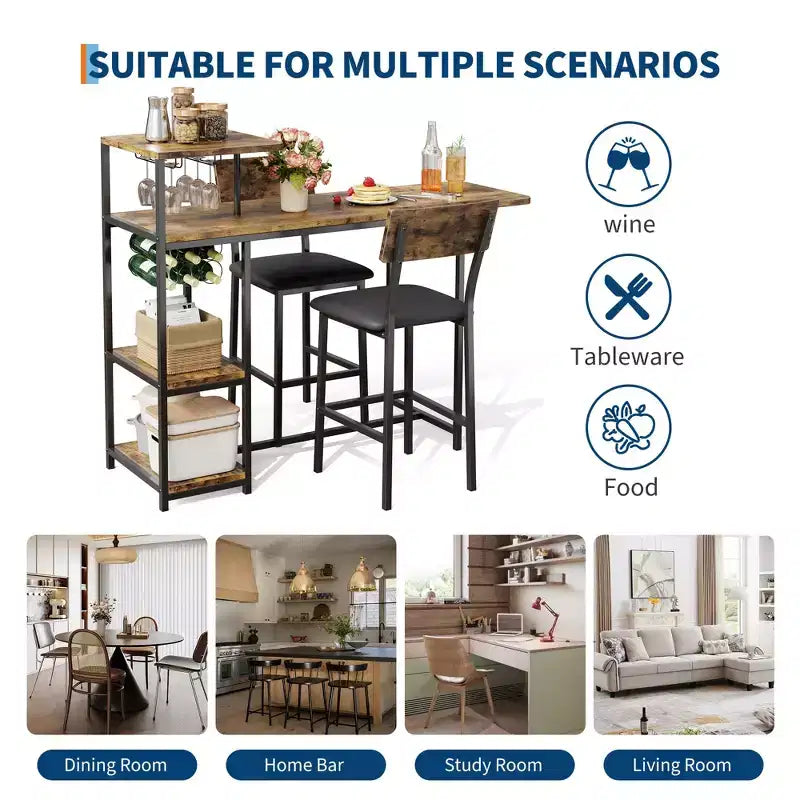 Ensemble de 3 pièces de table de bar pour 2, table de salle à manger de cuisine extensible avec 2 tabourets, ensemble de table et chaises de bar hauteur comptoir avec étagère de rangement et porte-bouteilles