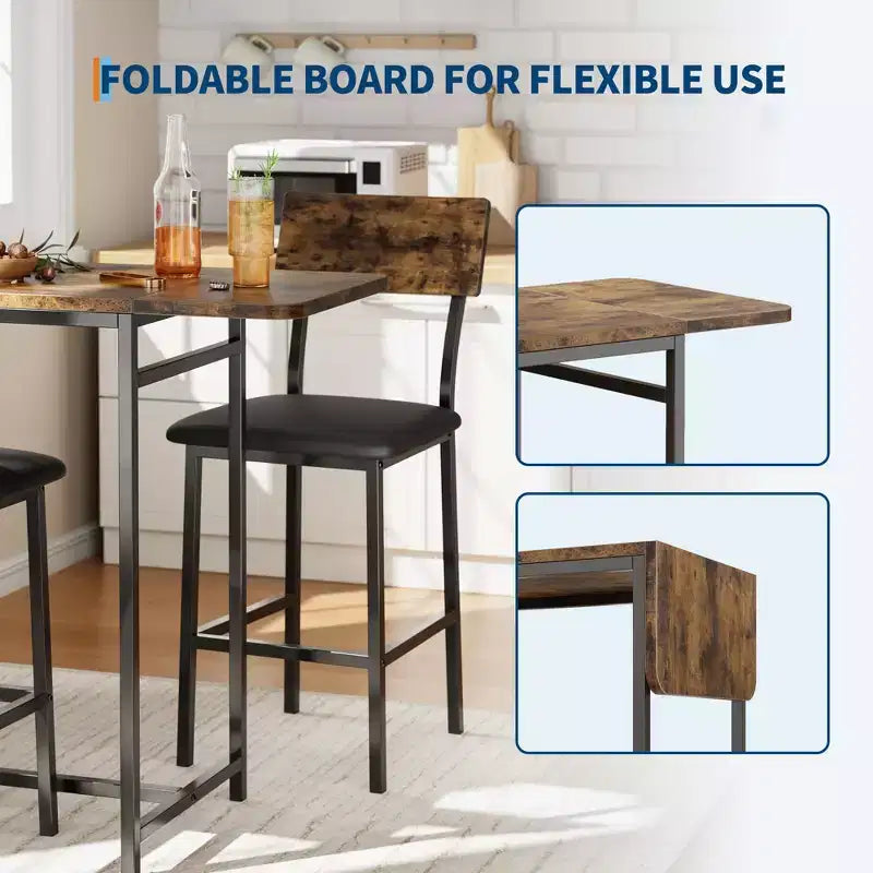 Ensemble de 3 pièces de table de bar pour 2, table de salle à manger de cuisine extensible avec 2 tabourets, ensemble de table et chaises de bar hauteur comptoir avec étagère de rangement et porte-bouteilles