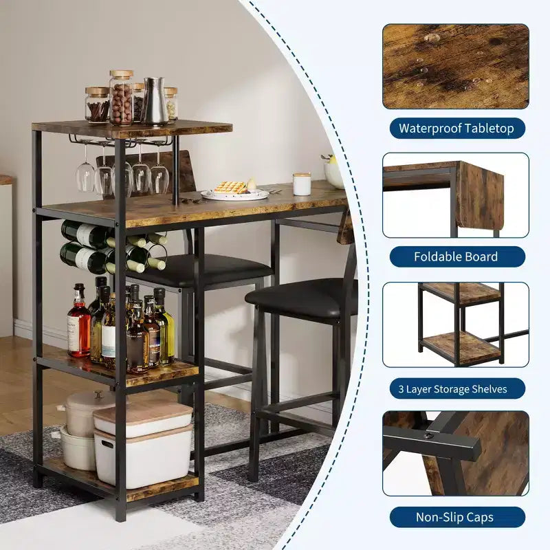 Ensemble de 3 pièces de table de bar pour 2, table de salle à manger de cuisine extensible avec 2 tabourets, ensemble de table et chaises de bar hauteur comptoir avec étagère de rangement et porte-bouteilles