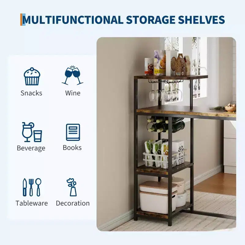 Ensemble de 3 pièces de table de bar pour 2, table de salle à manger de cuisine extensible avec 2 tabourets, ensemble de table et chaises de bar hauteur comptoir avec étagère de rangement et porte-bouteilles