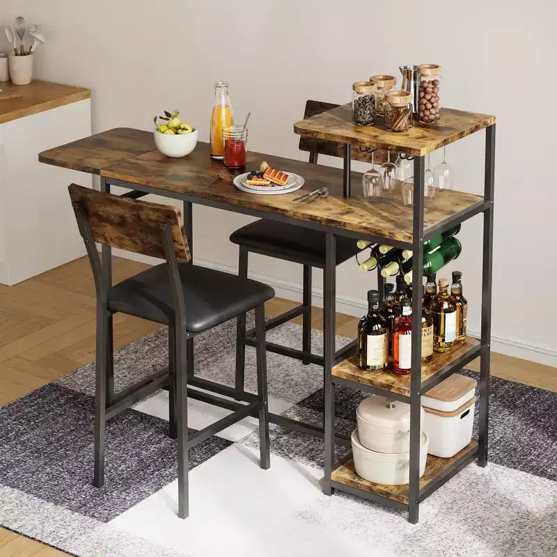 Ensemble de 3 pièces de table de bar pour 2, table de salle à manger de cuisine extensible avec 2 tabourets, ensemble de table et chaises de bar hauteur comptoir avec étagère de rangement et porte-bouteilles