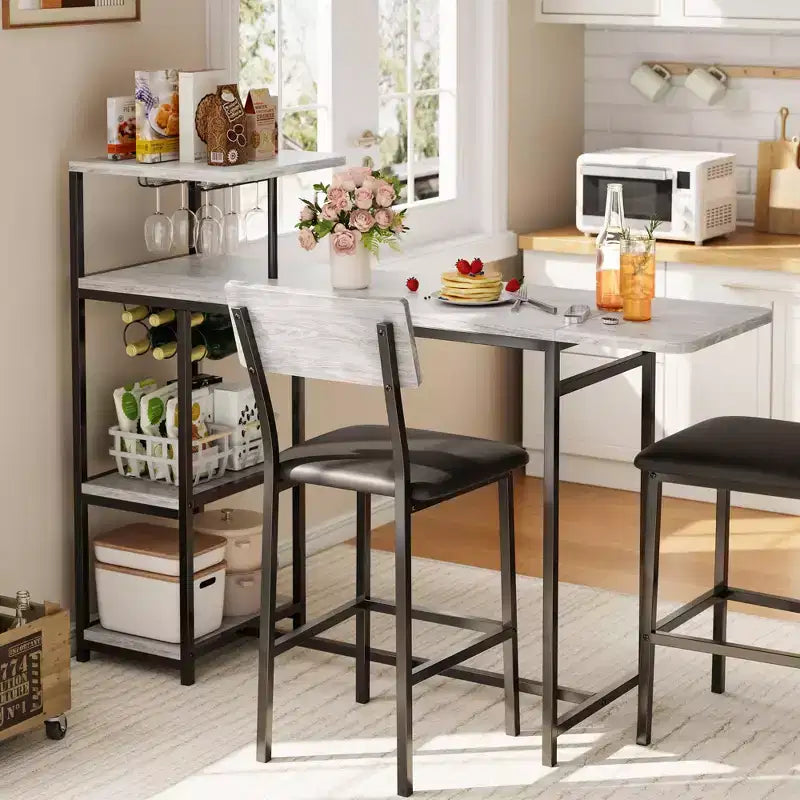 Ensemble de 3 pièces de table de bar pour 2, table de salle à manger de cuisine extensible avec 2 tabourets, ensemble de table et chaises de bar hauteur comptoir avec étagère de rangement et porte-bouteilles