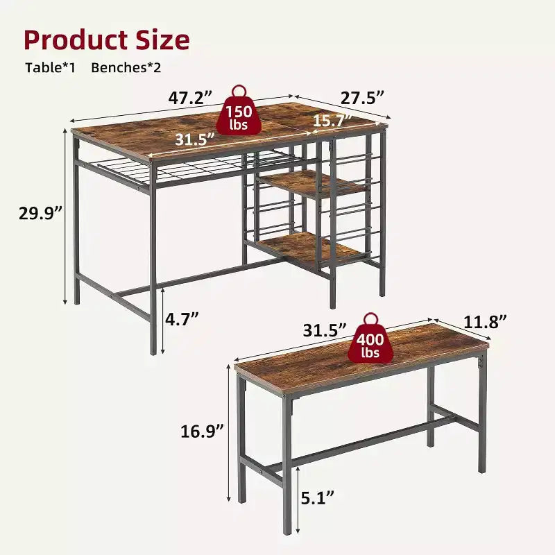 Ensemble table de salle à manger 4 pièces avec 2 bancs, casier à vin et étagère de rangement, table de cuisine pour petits espaces