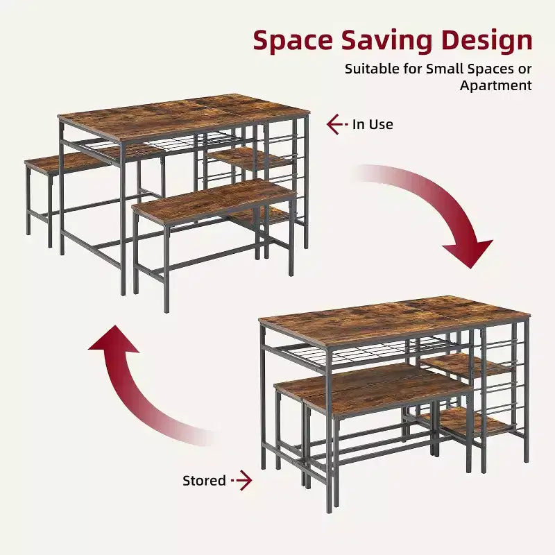 Ensemble table de salle à manger 4 pièces avec 2 bancs, casier à vin et étagère de rangement, table de cuisine pour petits espaces