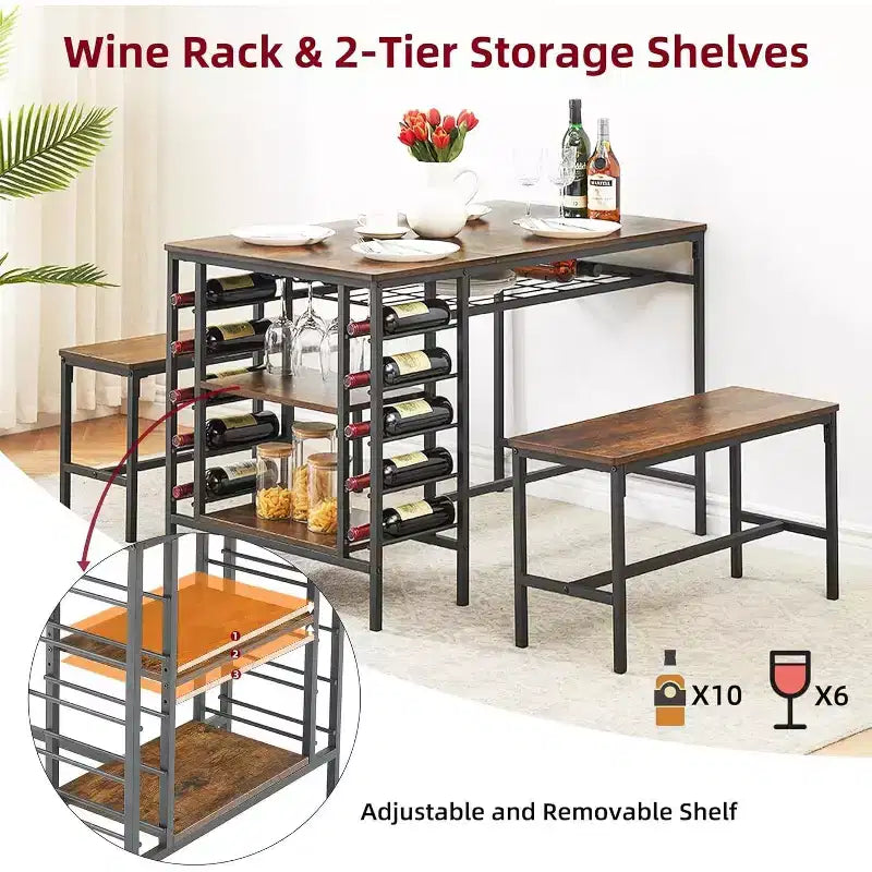Ensemble table de salle à manger 4 pièces avec 2 bancs, casier à vin et étagère de rangement, table de cuisine pour petits espaces