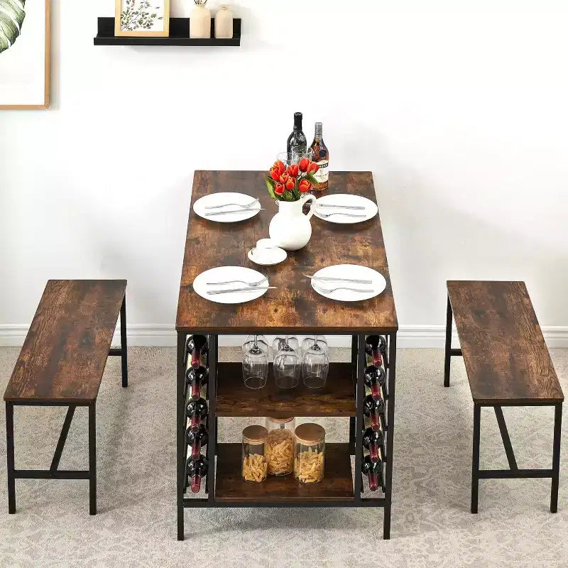 Ensemble table de salle à manger 4 pièces avec 2 bancs, casier à vin et étagère de rangement, table de cuisine pour petits espaces