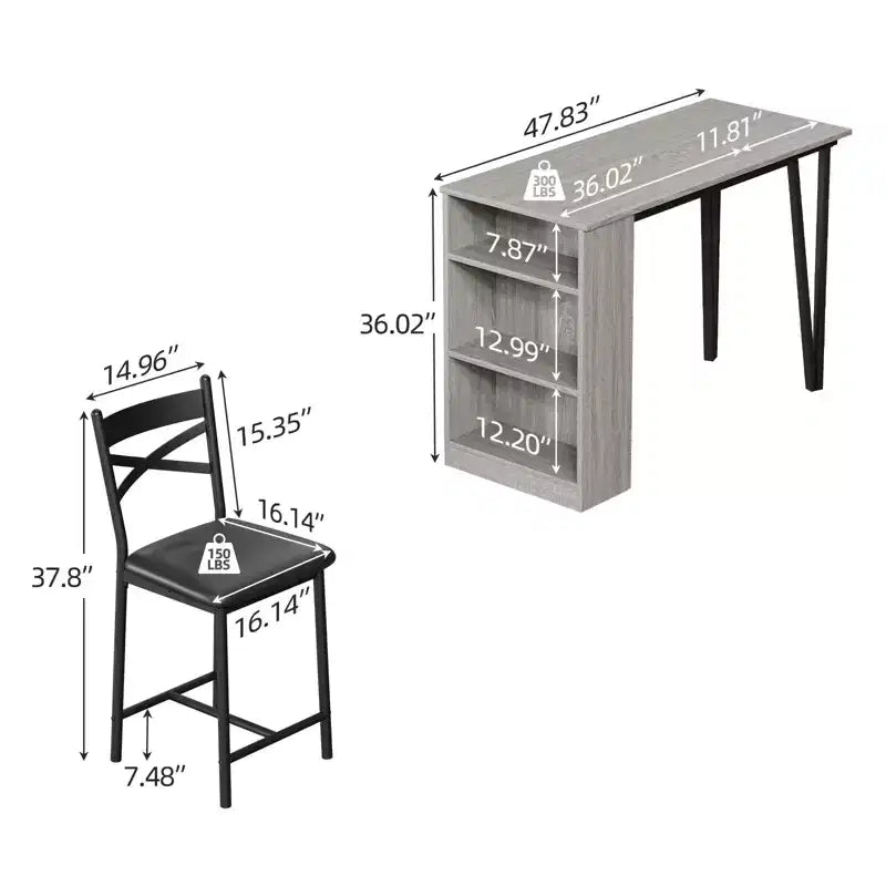 Ensemble table à manger et 2 chaises, table de cuisine hauteur comptoir avec étagères de rangement, ensemble table de bar avec 2 chaises rembourrées, ensemble table de salle à manger