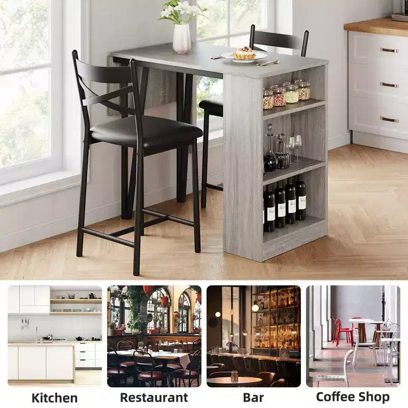 Ensemble table à manger et 2 chaises, table de cuisine hauteur comptoir avec étagères de rangement, ensemble table de bar avec 2 chaises rembourrées, ensemble table de salle à manger