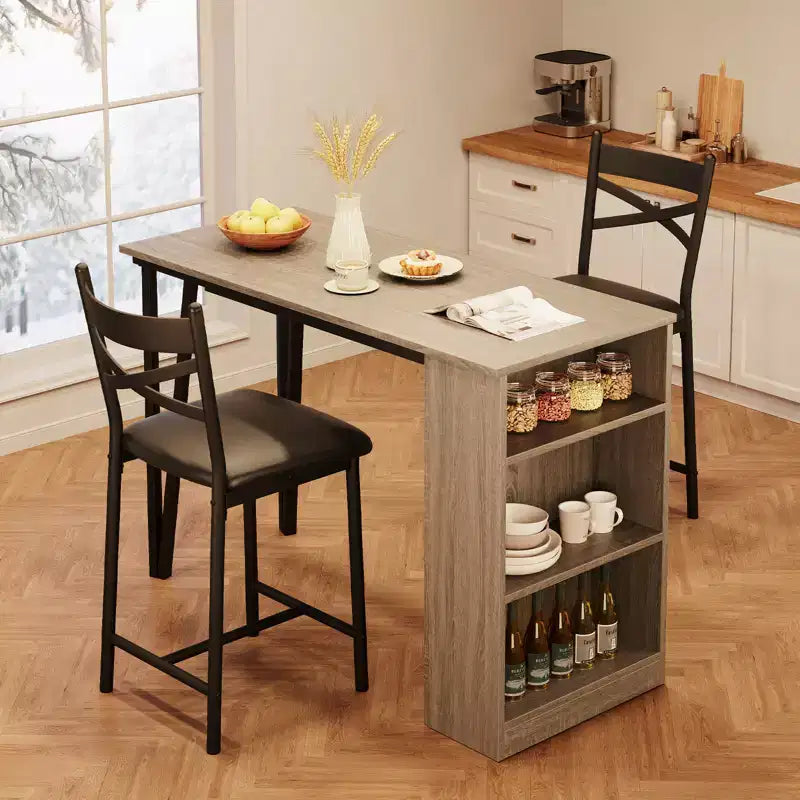 Ensemble table à manger et 2 chaises, table de cuisine hauteur comptoir avec étagères de rangement, ensemble table de bar avec 2 chaises rembourrées, ensemble table de salle à manger