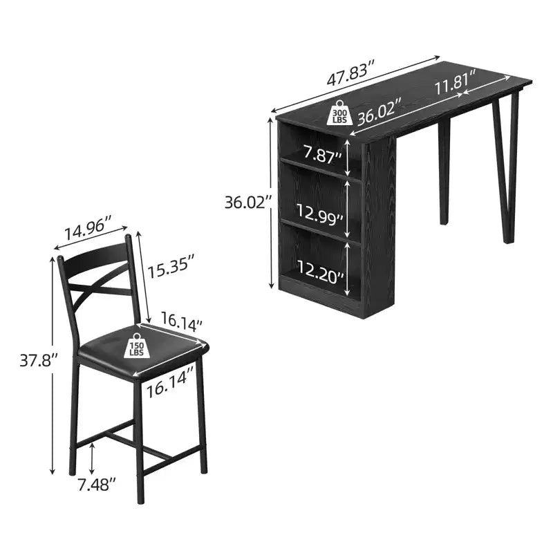 Ensemble table à manger et 2 chaises, table de cuisine hauteur comptoir avec étagères de rangement, ensemble table de bar avec 2 chaises rembourrées, ensemble table de salle à manger