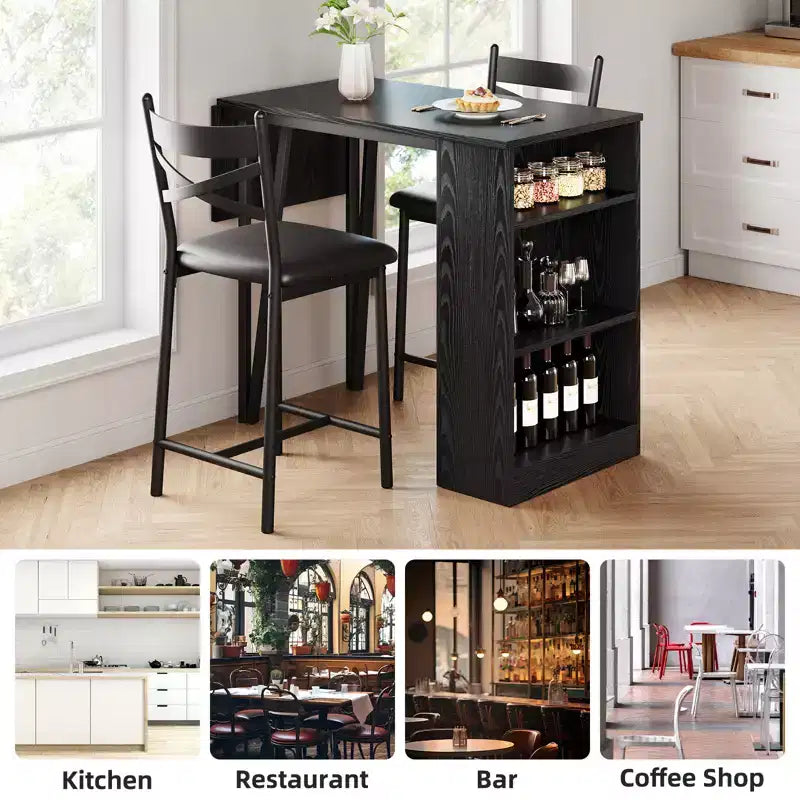 Ensemble table à manger et 2 chaises, table de cuisine hauteur comptoir avec étagères de rangement, ensemble table de bar avec 2 chaises rembourrées, ensemble table de salle à manger