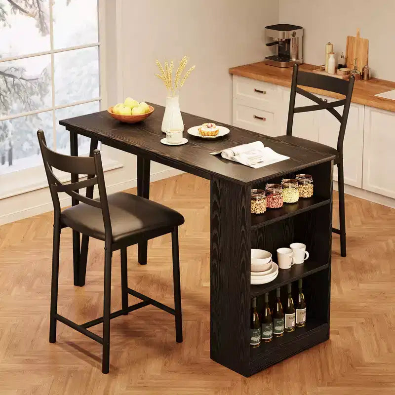Ensemble table à manger et 2 chaises, table de cuisine hauteur comptoir avec étagères de rangement, ensemble table de bar avec 2 chaises rembourrées, ensemble table de salle à manger