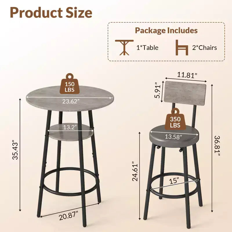 Zevemomo Ensemble de 3 pièces de table de bar ronde, petite table à manger pour 2, avec rangement, tabourets rembourrés avec dossier pour cuisine, salle à manger et bistrot - Gris