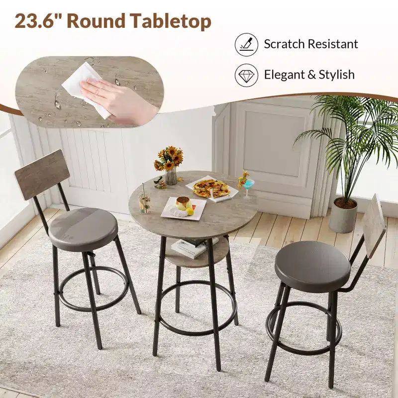 Zevemomo Ensemble de 3 pièces de table de bar ronde, petite table à manger pour 2, avec rangement, tabourets rembourrés avec dossier pour cuisine, salle à manger et bistrot - Gris