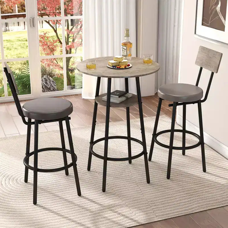 Zevemomo Ensemble de 3 pièces de table de bar ronde, petite table à manger pour 2, avec rangement, tabourets rembourrés avec dossier pour cuisine, salle à manger et bistrot - Gris