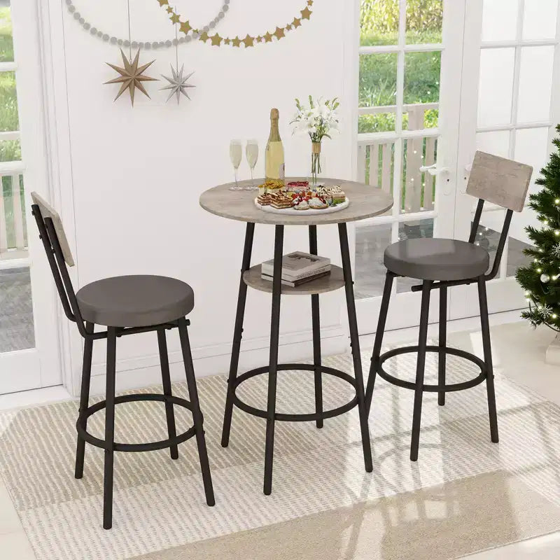 Zevemomo Ensemble de 3 pièces de table de bar ronde, petite table à manger pour 2, avec rangement, tabourets rembourrés avec dossier pour cuisine, salle à manger et bistrot - Gris
