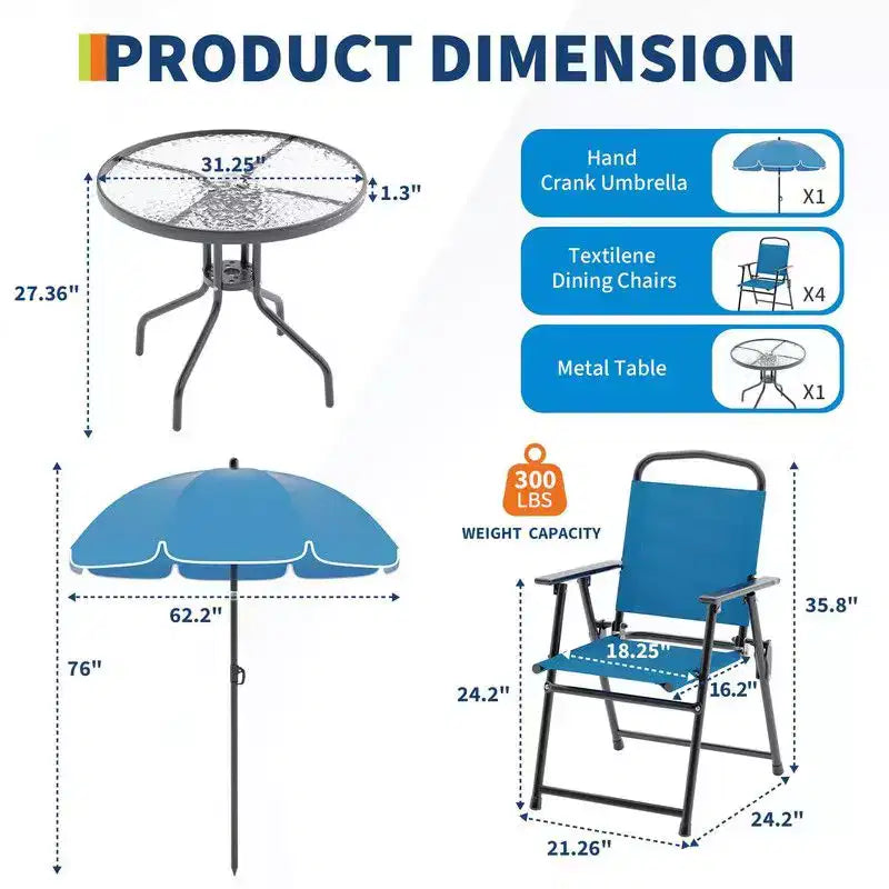Coolmee Ensemble repas d'extérieur 6 pièces avec parasol, table de patio et 4 chaises pliantes avec parasol, table à manger avec plateau en verre trempé
