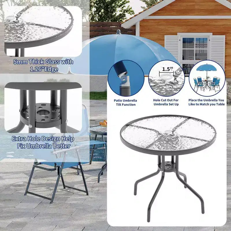 Coolmee Ensemble repas d'extérieur 6 pièces avec parasol, table de patio et 4 chaises pliantes avec parasol, table à manger avec plateau en verre trempé