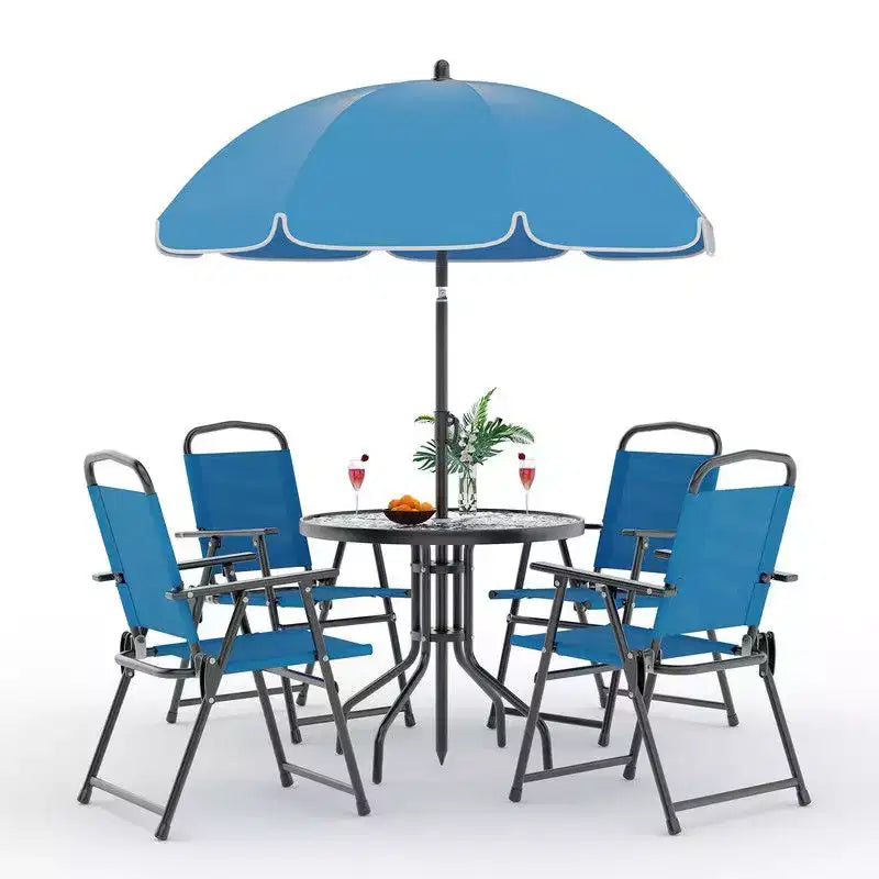 Coolmee Ensemble repas d'extérieur 6 pièces avec parasol, table de patio et 4 chaises pliantes avec parasol, table à manger avec plateau en verre trempé