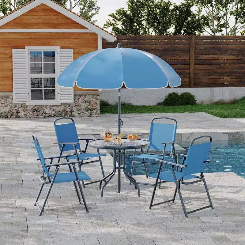 Coolmee Ensemble repas d'extérieur 6 pièces avec parasol, table de patio et 4 chaises pliantes avec parasol, table à manger avec plateau en verre trempé