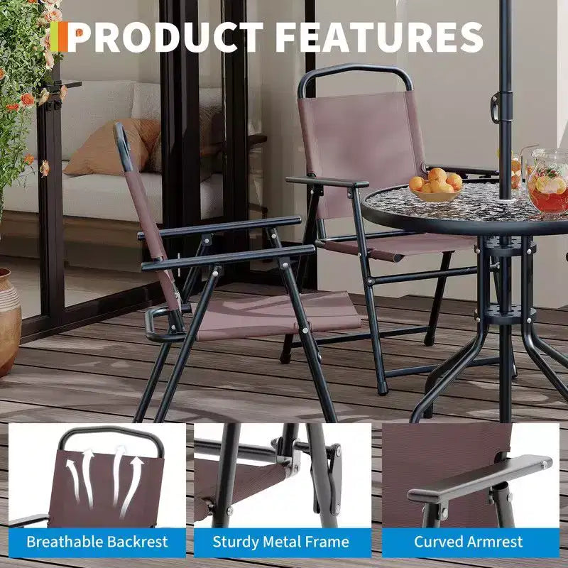 Coolmee Ensemble repas d'extérieur 6 pièces avec parasol, table de patio et 4 chaises pliantes avec parasol, table à manger avec plateau en verre trempé