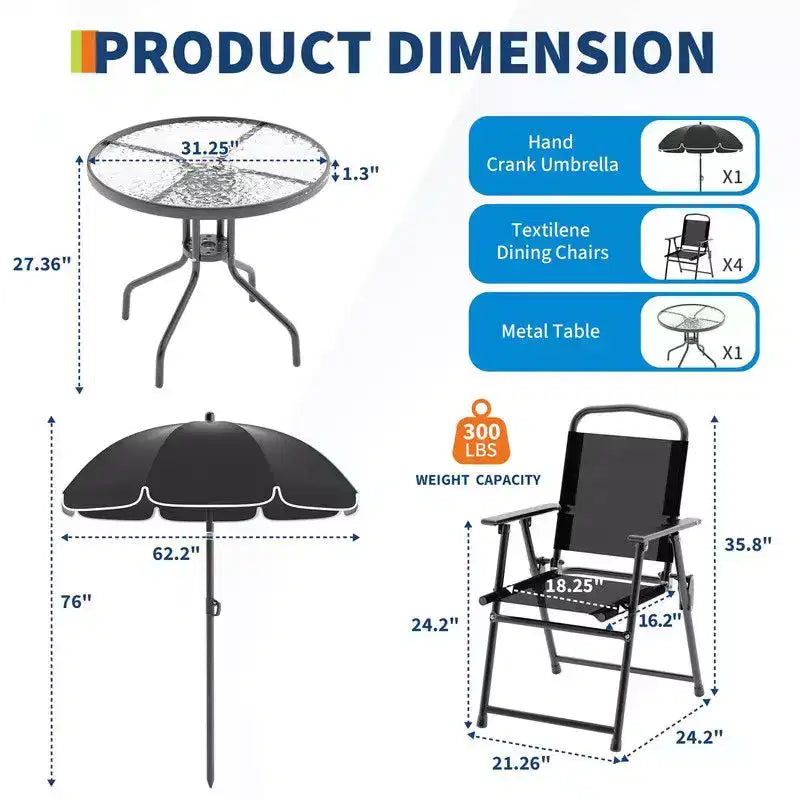 Coolmee Ensemble repas d'extérieur 6 pièces avec parasol, table de patio et 4 chaises pliantes avec parasol, table à manger avec plateau en verre trempé