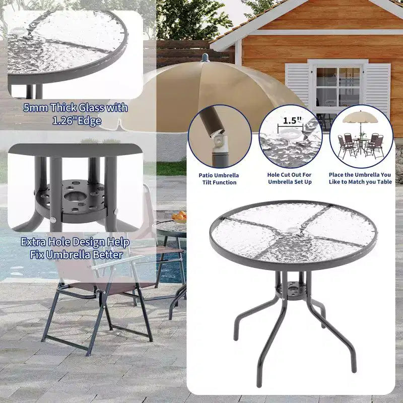 Coolmee Ensemble repas d'extérieur 6 pièces avec parasol, table de patio et 4 chaises pliantes avec parasol, table à manger avec plateau en verre trempé