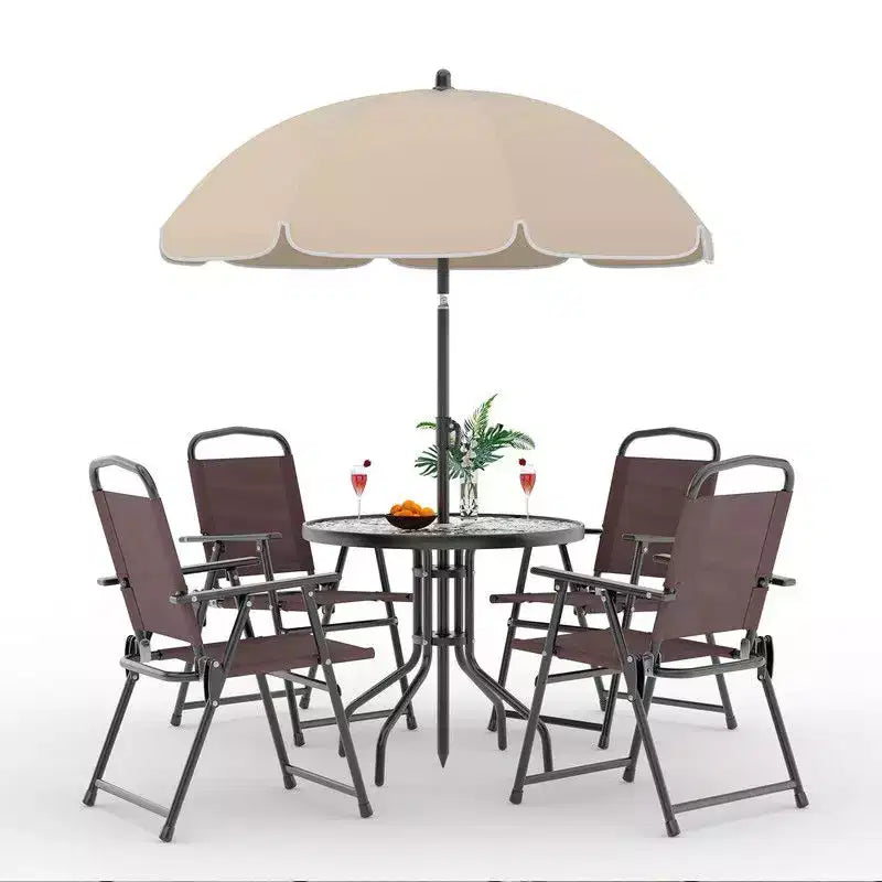 Coolmee Ensemble repas d'extérieur 6 pièces avec parasol, table de patio et 4 chaises pliantes avec parasol, table à manger avec plateau en verre trempé