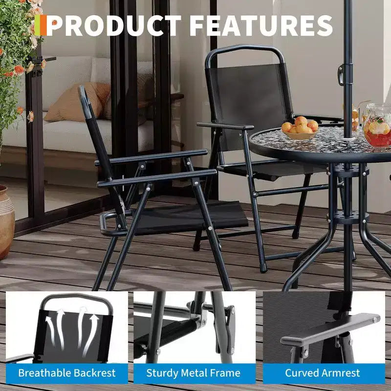 Coolmee Ensemble repas d'extérieur 6 pièces avec parasol, table de patio et 4 chaises pliantes avec parasol, table à manger avec plateau en verre trempé