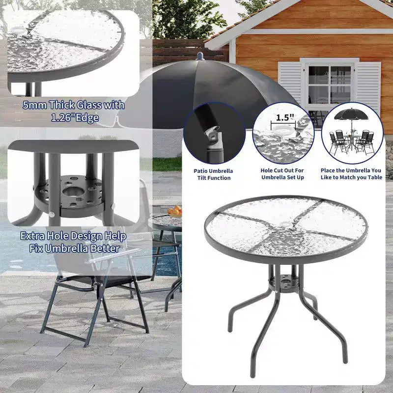 Coolmee Ensemble repas d'extérieur 6 pièces avec parasol, table de patio et 4 chaises pliantes avec parasol, table à manger avec plateau en verre trempé