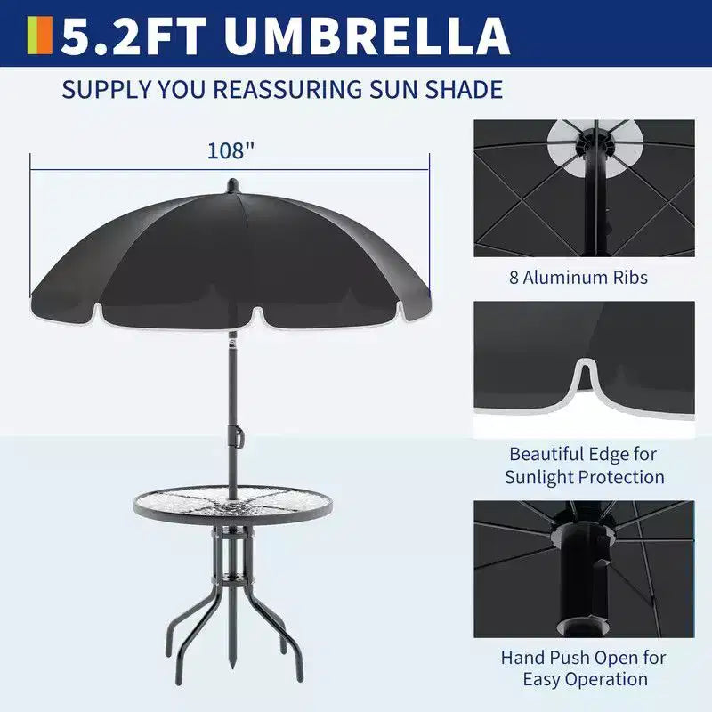 Coolmee Ensemble repas d'extérieur 6 pièces avec parasol, table de patio et 4 chaises pliantes avec parasol, table à manger avec plateau en verre trempé