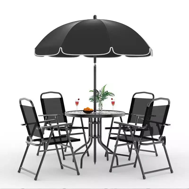 Coolmee Ensemble repas d'extérieur 6 pièces avec parasol, table de patio et 4 chaises pliantes avec parasol, table à manger avec plateau en verre trempé