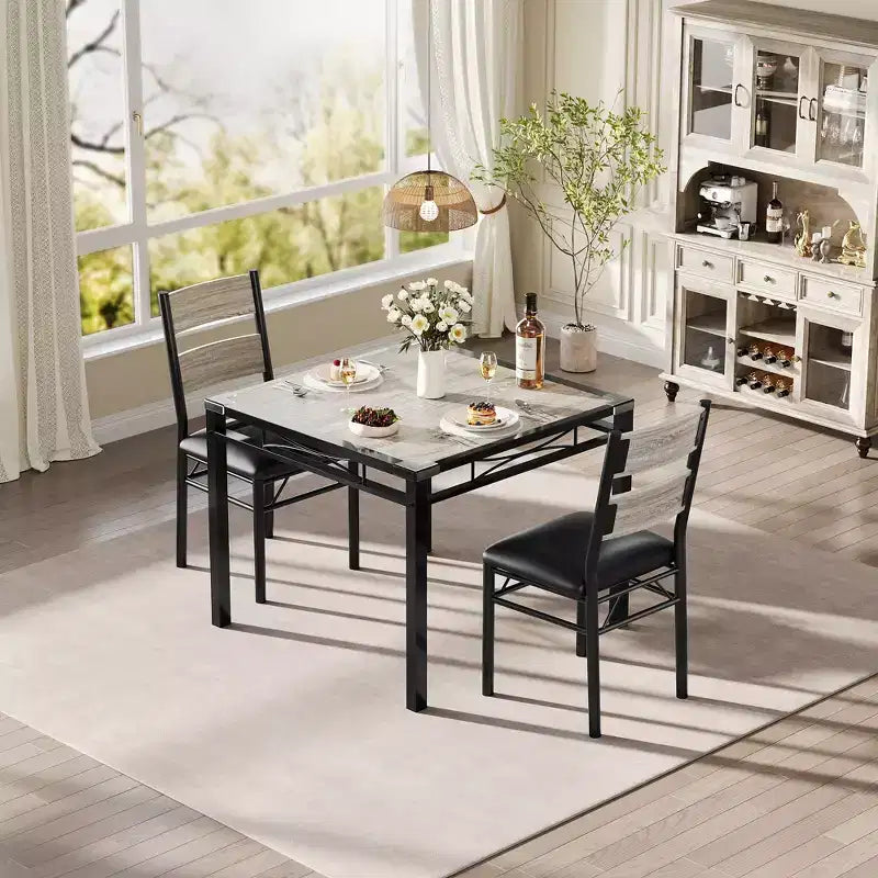 Ensemble Table à Manger pour 2, Table de Cuisine en Bois avec Chaises Rembourrées, Pieds en Métal Robuste, Cadres en Acier Épaissi, avec Angle Anti-collision