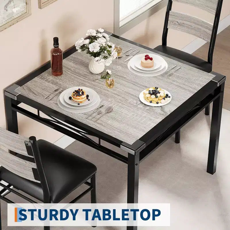 Ensemble Table à Manger pour 2, Table de Cuisine en Bois avec Chaises Rembourrées, Pieds en Métal Robuste, Cadres en Acier Épaissi, avec Angle Anti-collision