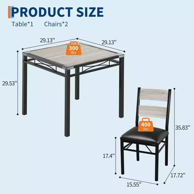 Ensemble Table à Manger pour 2, Table de Cuisine en Bois avec Chaises Rembourrées, Pieds en Métal Robuste, Cadres en Acier Épaissi, avec Angle Anti-collision