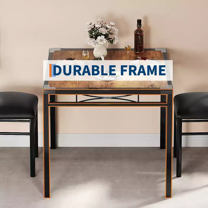 Ensemble Table à Manger pour 2, Table de Cuisine en Bois avec Chaises Rembourrées, Pieds en Métal Robuste, Cadres en Acier Épaissi, avec Angle Anti-collision