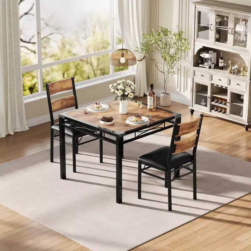 Ensemble Table à Manger pour 2, Table de Cuisine en Bois avec Chaises Rembourrées, Pieds en Métal Robuste, Cadres en Acier Épaissi, avec Angle Anti-collision