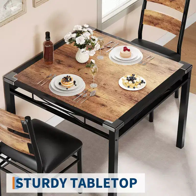 Ensemble Table à Manger pour 2, Table de Cuisine en Bois avec Chaises Rembourrées, Pieds en Métal Robuste, Cadres en Acier Épaissi, avec Angle Anti-collision