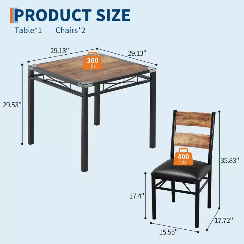 Ensemble Table à Manger pour 2, Table de Cuisine en Bois avec Chaises Rembourrées, Pieds en Métal Robuste, Cadres en Acier Épaissi, avec Angle Anti-collision