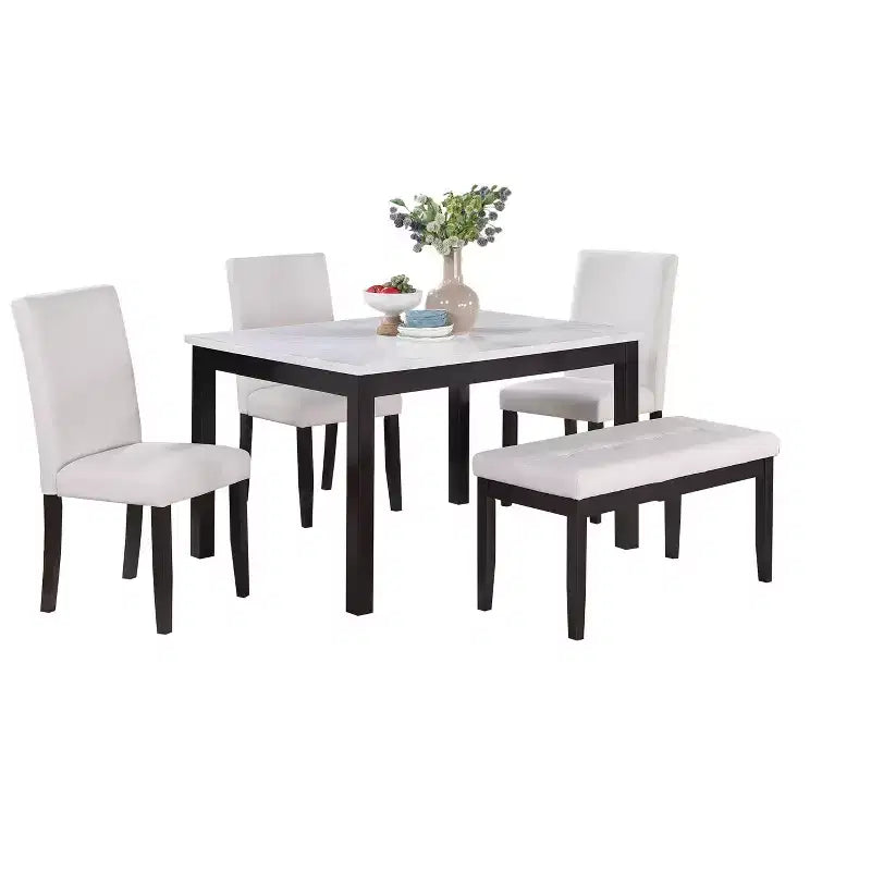 Ensemble de salle à manger style ranch antique Okak 5 pièces et chaises/banc à dossier pour cuisine, salle à manger, ensemble dinette vintage avec cadre en bois massif
