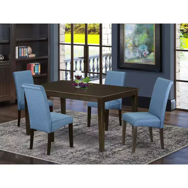Ensemble table de salle à manger 5 pièces Coastal Kitchen – Chaises en tissu lin bleu et pieds cappuccino – Table de salle à manger