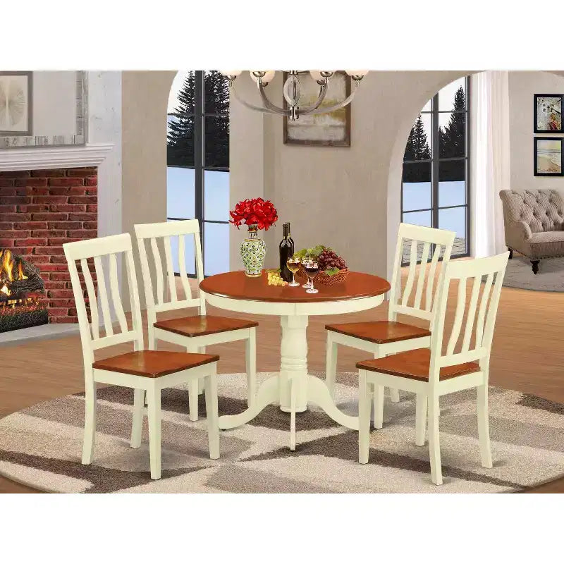 Table à manger 5 pièces ronde en bois massif avec plateau fini en babeurre et cerisier, avec 4 chaises