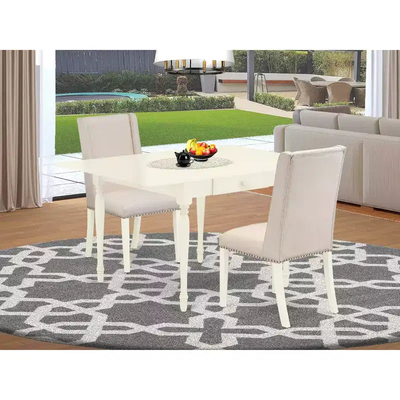 Ensemble de salle à manger 3 pièces HomeStock, plateau rectangulaire en bois massif, finition blanc lin, avec table à rabats