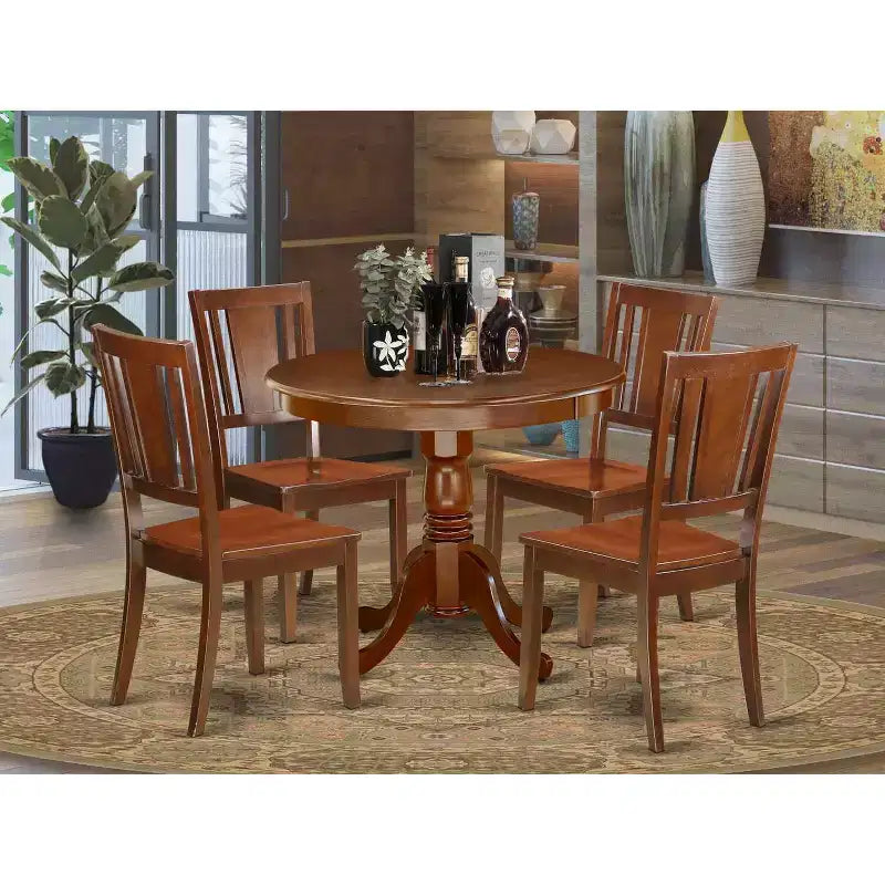 Ensemble de salle à manger 5 pièces - Table ronde de 91 cm et 4 chaises en bois - Style éclectique