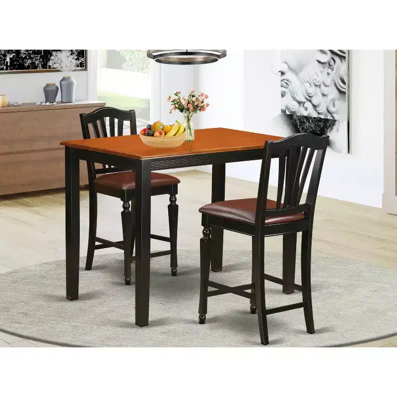 Ensemble de salle à manger 3 pièces HomeStock avec table haute à plateau en bois massif, finition noire
