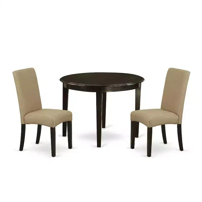 Round Dining Table Set 3pc - 42 Table & 2 Parsons Chairs - Linen Fabric - Cappuccino Finish