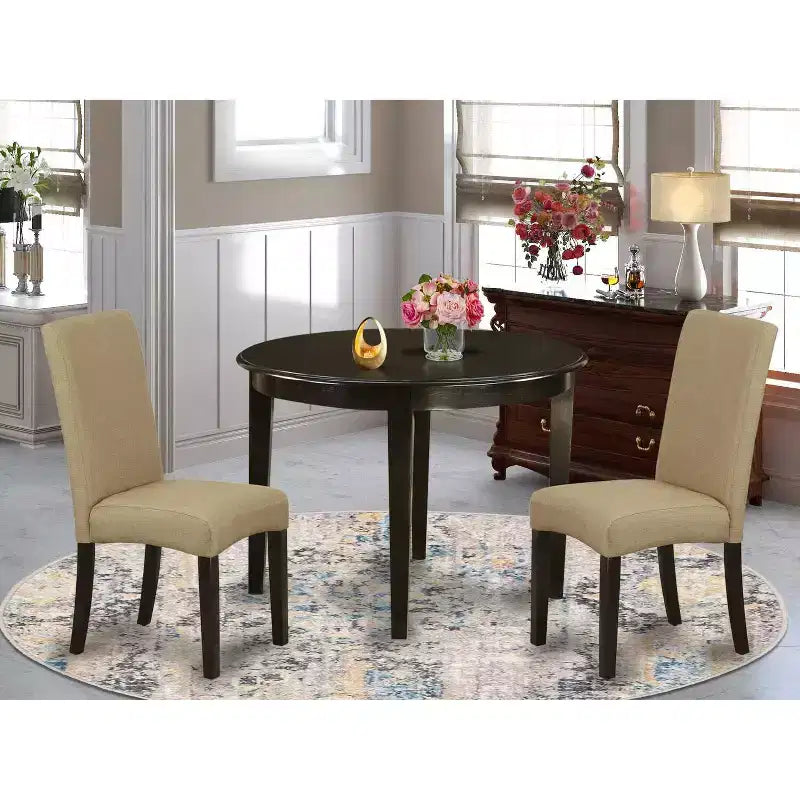 Ensemble table à manger ronde 3 pièces - Table 42" et 2 chaises Parsons - Tissu lin - Fini cappuccino