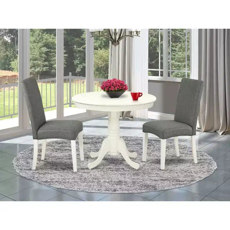 Ensemble de salle à manger rond 36 pouces - Table 3 pièces et 2 chaises Parsons - Pieds blancs lin - Tissu gris