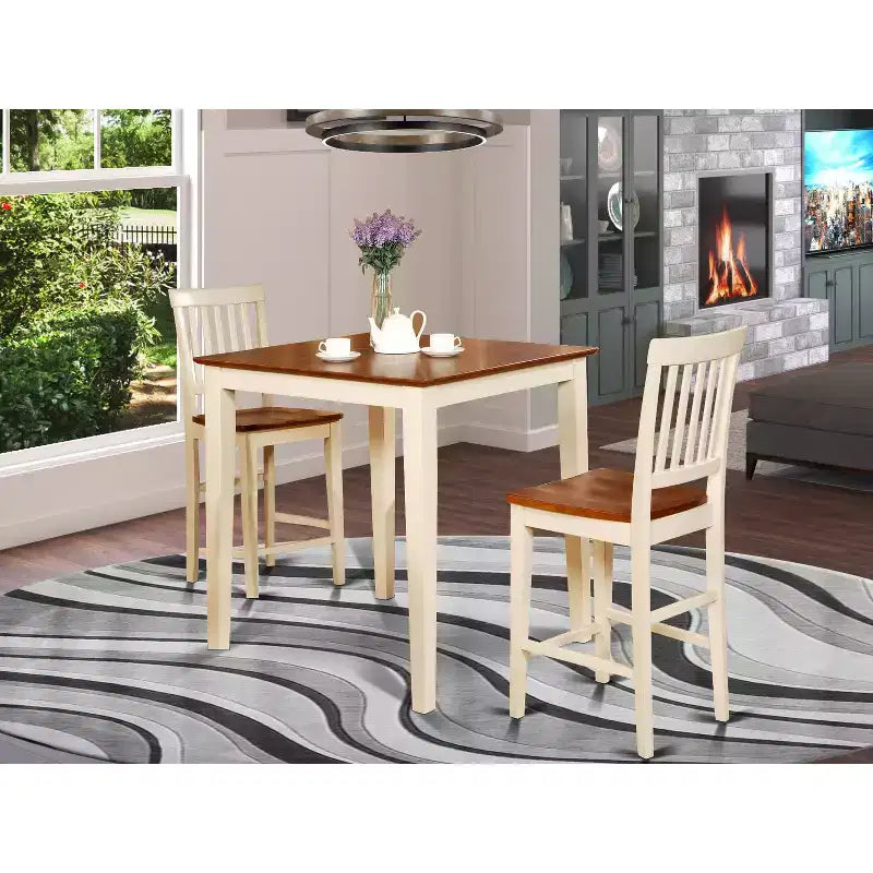 Ensemble Table Haute et Chaises de Bar - 3 Pièces - Pour Petits Espaces - Blanc Lin