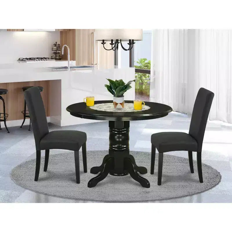Salle à manger médiévale ronde - Table de 42 pouces et 2 chaises Parsons - Finition noire - Tissu en lin